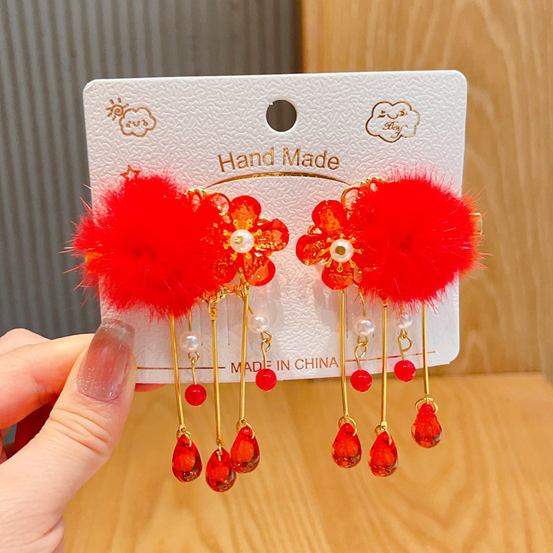 新年款红色古风流苏发夹儿童汉服发卡头饰女童复古蝴蝶结发夹发饰详情58