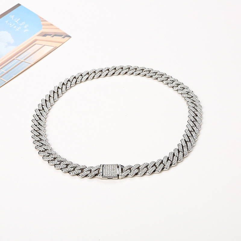 14MM欧美个性嘻哈菱形满钻翻盖扣头时尚嘻哈链条古巴手链项链详情9