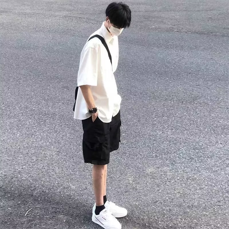 2023新款夏季痞帅宽松纯白色高级感衬衫男士短袖休闲衬衣一件代发详情7