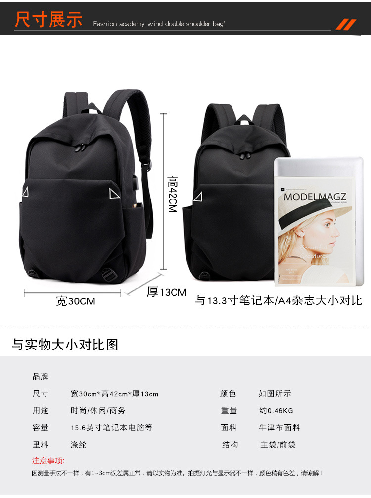 New Oxford cloth backpack for men, USB charging backpack, water-resistant computer bag, large-capacity schoolbag for female students pic 1