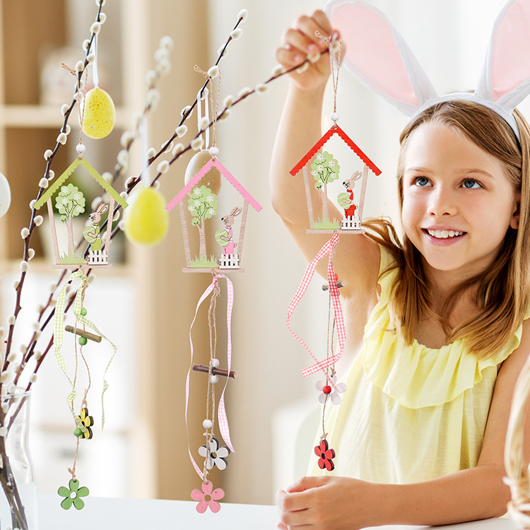 New cross-border Easter decorative items: Earrings, Easter egg house, egg-shaped rabbit wooden pendant, egg-shaped wooden house pendant, exquisite and durable pic 1