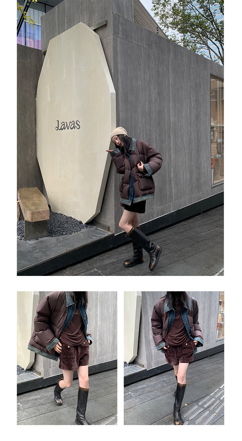 Qumeng DT CLASSIC Retro patchwork fake two-piece denim down jacket for women, 90 white duck down winter coat for women pic 47