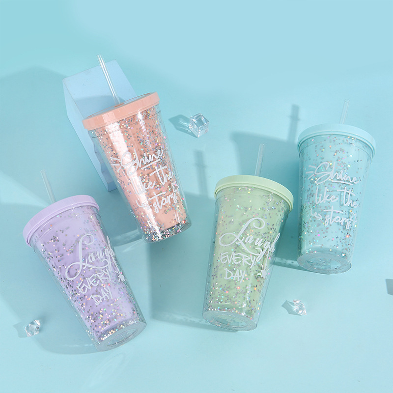Summer new double-layer household carrying straw ice cup, popular star sequined creative plastic student gift water cup pic 4