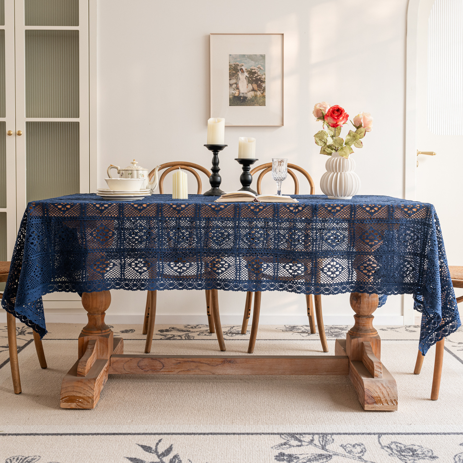 Cross-border hollowed-out hidden deep blue tablecloth, retro crochet photo art book, personalized cotton thread woven tablecloth cover pic 2