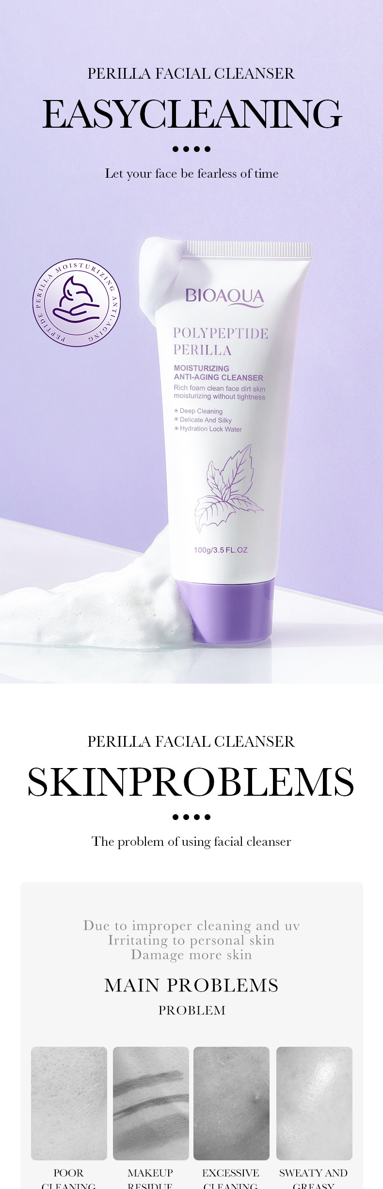 Cross-border foreign trade BIOAOUA Polypeptide Perilla Moisturizing Anti-Wrinkle Facial Cleanser Deep Cleansing Moisturizing Foam Facial Cleanser pic 1