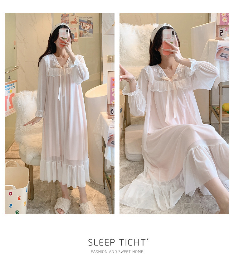 人气公主风睡裙女长袖网纱性感连衣裙长袖宫廷休闲纯棉睡衣睡裙秋详情20