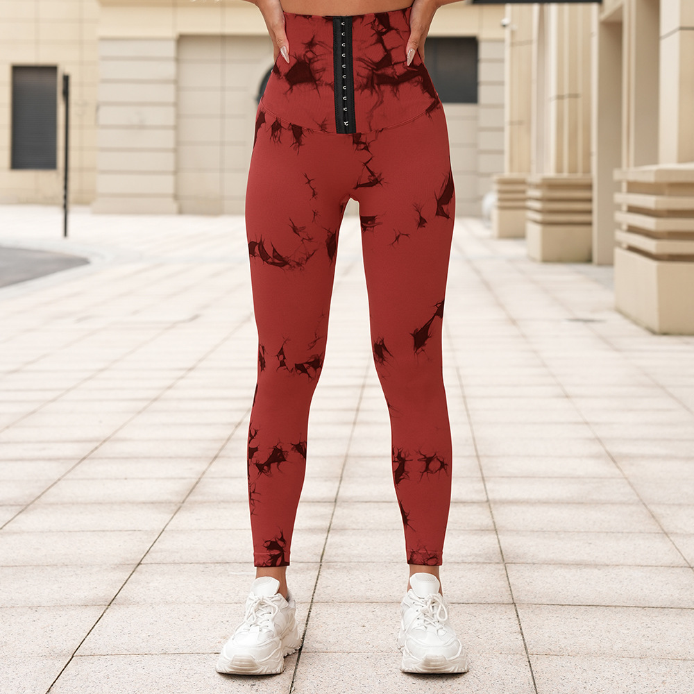 新品无缝扎染瑜伽裤高腰收腹排扣紧身裤提臀健身裤跑步塑身运动裤详情15