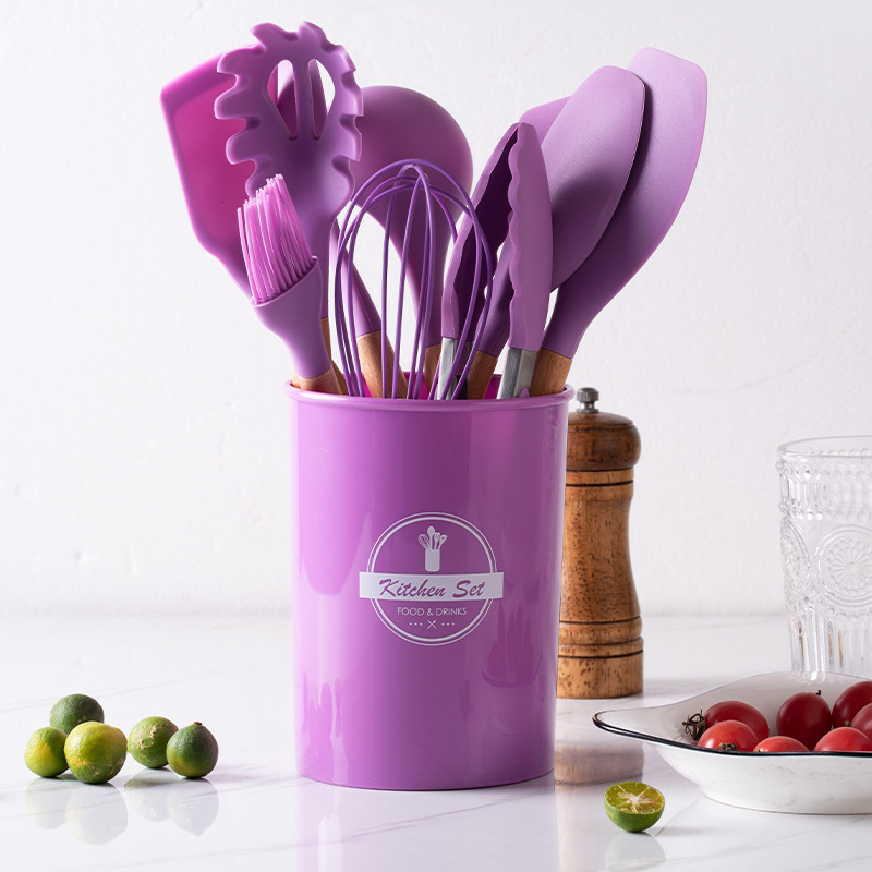 【 Cross-border 】 12-piece silicone kitchen cooking set, non-stick pan spatula and spoon storage, 11-piece silicone large bucket pic 20