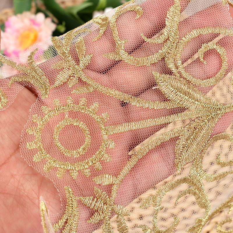 Golden flat embroidered lace embroidered trim for wedding dresses, evening gowns, home textiles and clothing DIY handmade accessories golden lace pic 5