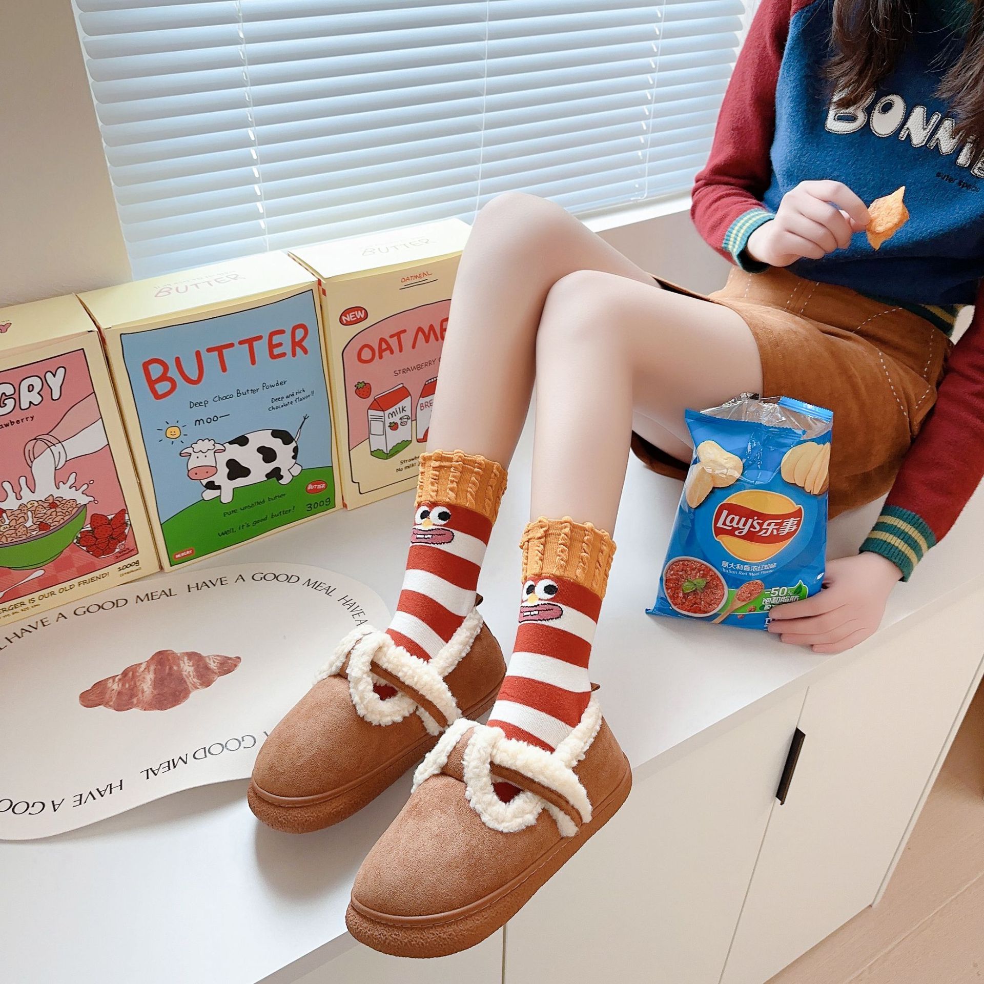 搞怪薯条袜子女春夏新款中筒袜可爱卡通堆堆袜抖音爆款 独立包装详情6