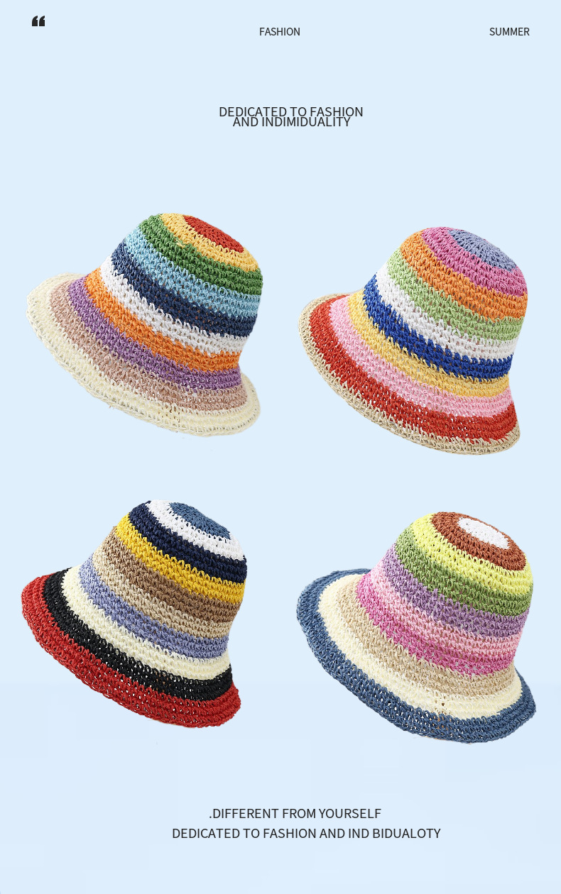 夏季韩国遮阳帽海边防晒帽子女小清新编织渔夫帽彩虹手工草帽详情3
