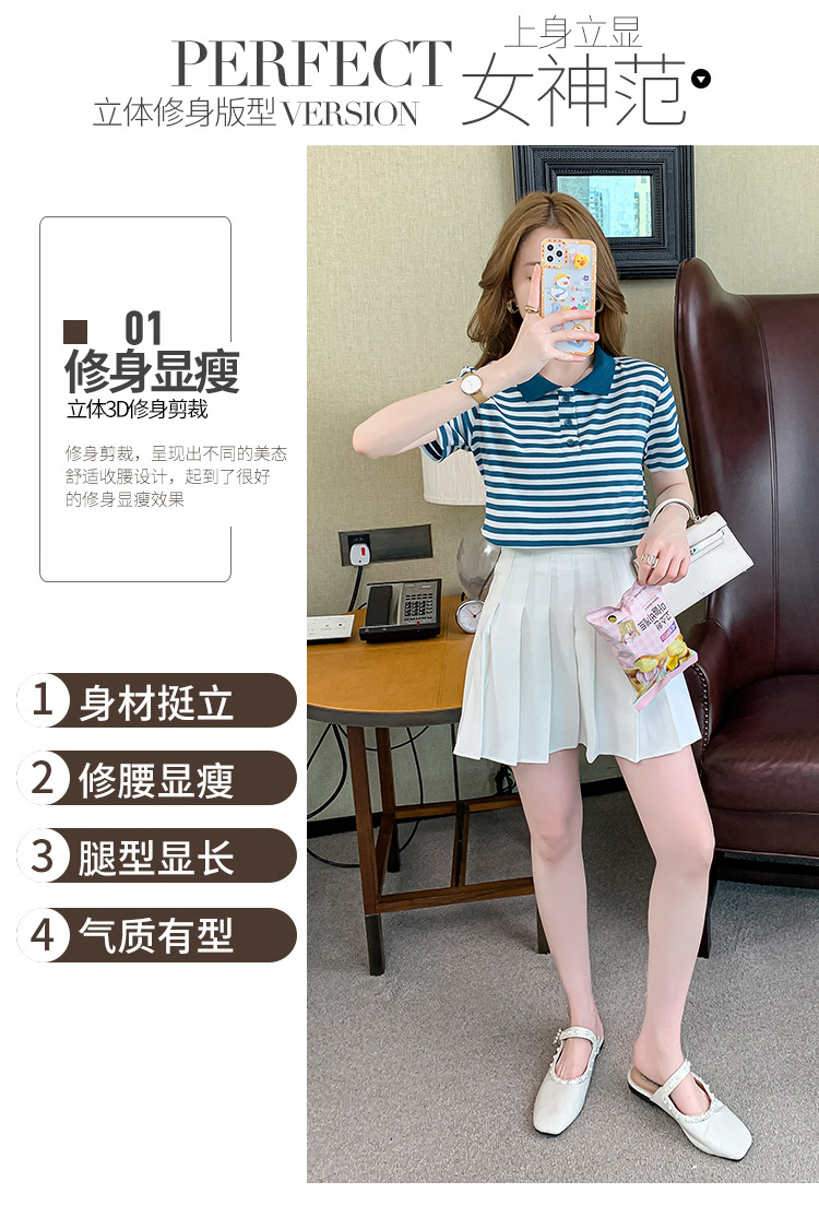 Verano coreano versión rayas mujer commuter patchwork color polo cuello manga corta camiseta mujer diseño sentido moda legging pic 2