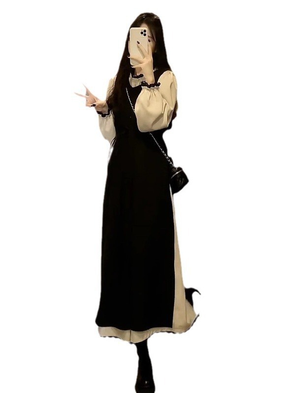 法式温柔气质黑色长袖连衣裙子女春季2024新款高级感拼接显瘦长裙详情7