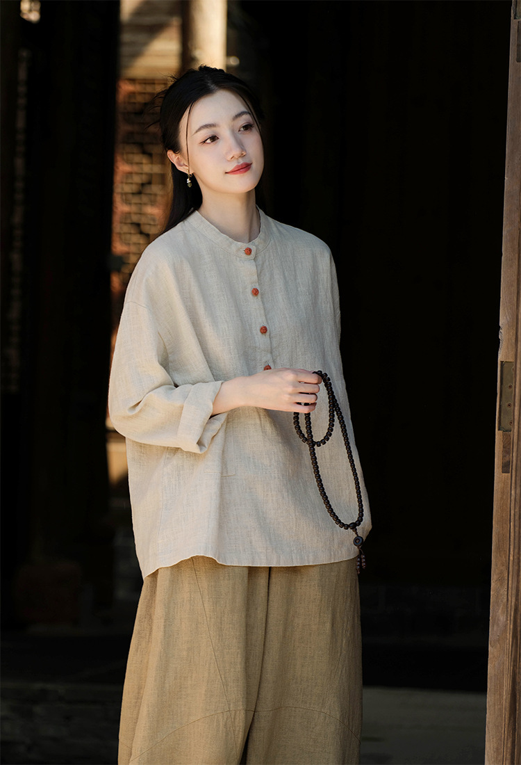 2024春夏棉麻女装新品亚麻立领拼色盘扣套头大码上衣女式棉麻衬衫详情9