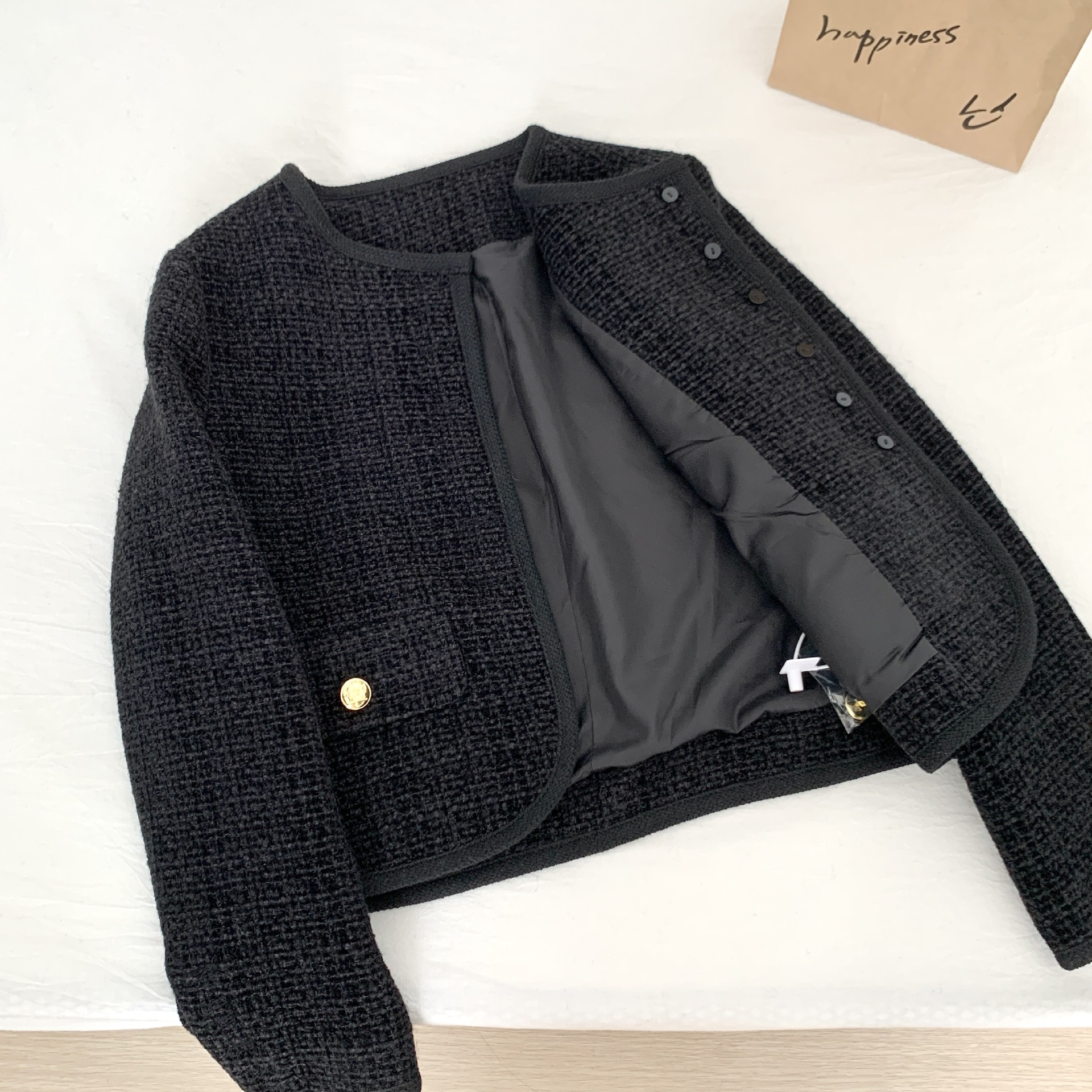 同款~黑色小香风短外套女23秋冬新款粗花呢六扣双口袋详情16