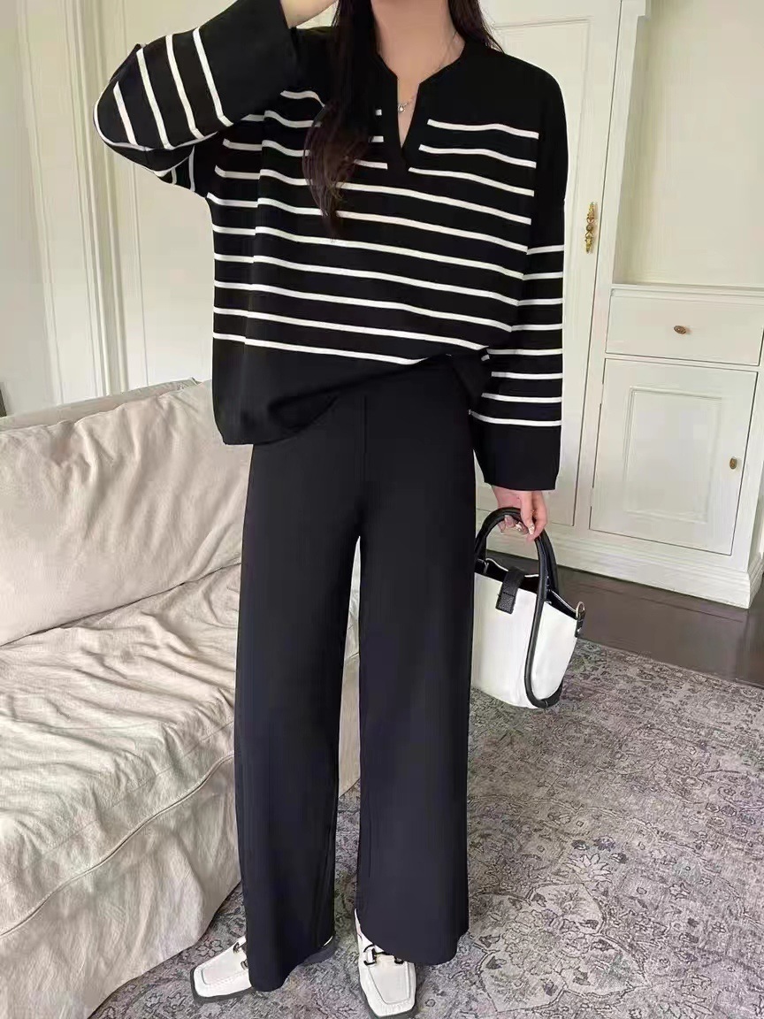 A two-piece Korean-style loose striped knitted top and casual high-waisted, sagging knitted wide-leg pants pic 20