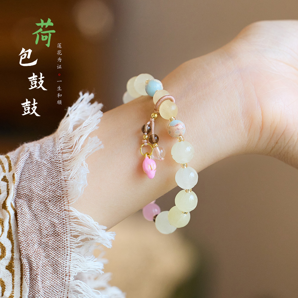 Temple bestseller Natural golden thread jade lotus bracelet, Good Luck Lotus Lotus Bag, bulging ancient-style jade bracelet wholesale pic 11