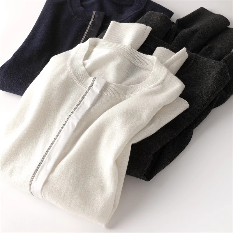 【 Fine-spun Wool 】 Beaded chain simple and intellectual patchwork long-sleeved thin wool knitted cardigan 24 early Autumn new style pic 3