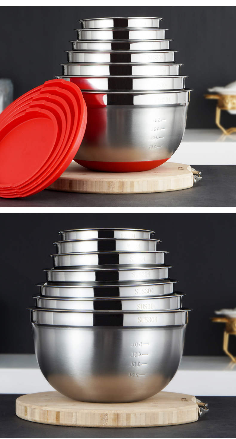 304 stainless steel egg beater basin, silicone bottom salad basin, salad bowl, baking mixing bowl, stainless steel basin, multi-functional stainless steel basin, kitchenware, kitchen tools, colored silicone bottom salad basin and washbasin. pic 4
