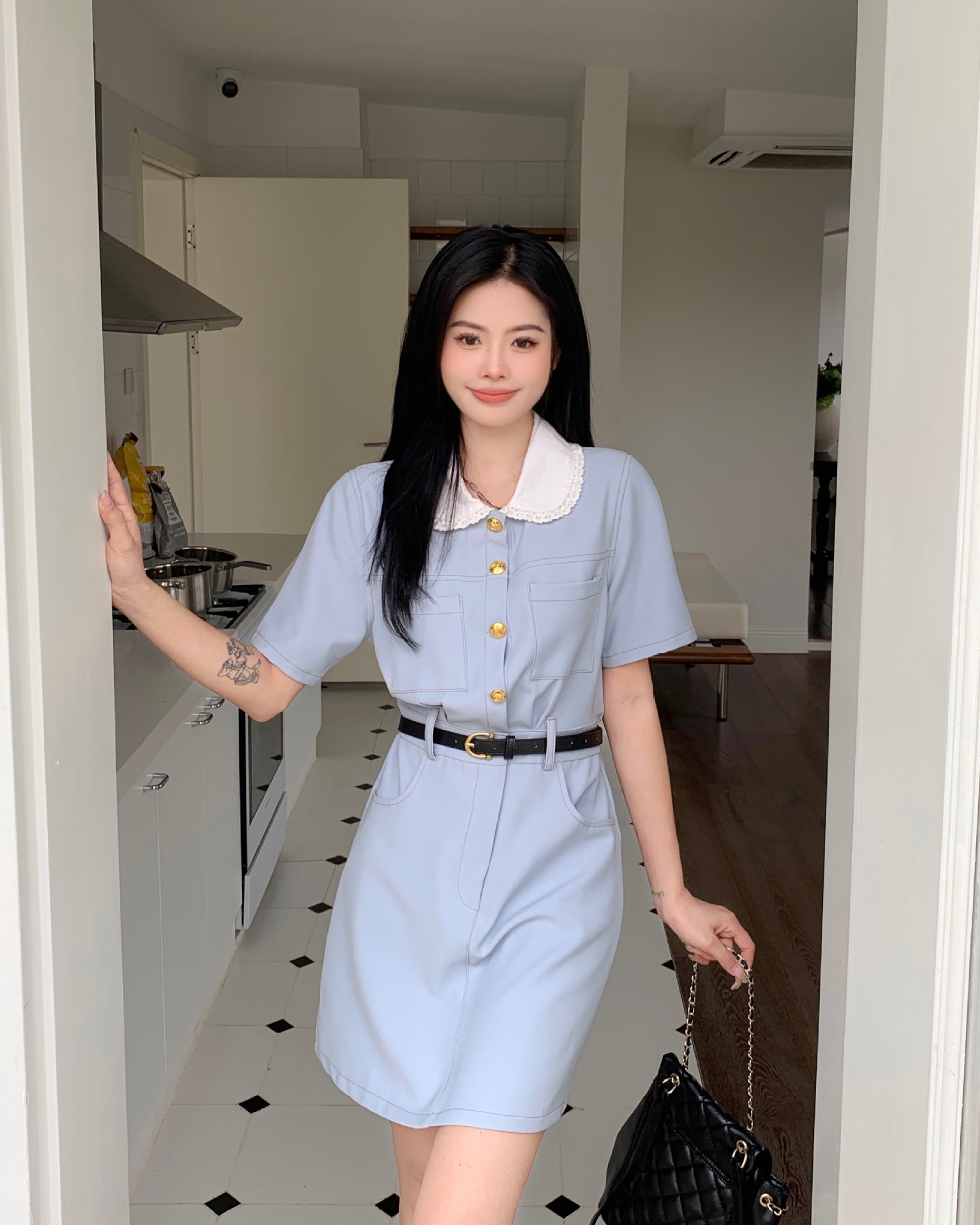 大码女装胖mm百搭娃娃领连衣裙2023夏季新款休闲收腰韩版高级裙子详情15