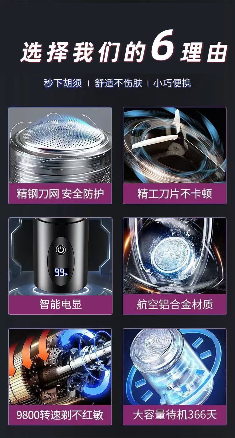 新款小钢炮剃须刀男士电动刮胡刀胡须刀迷你便携式车载水洗剃胡刀详情2