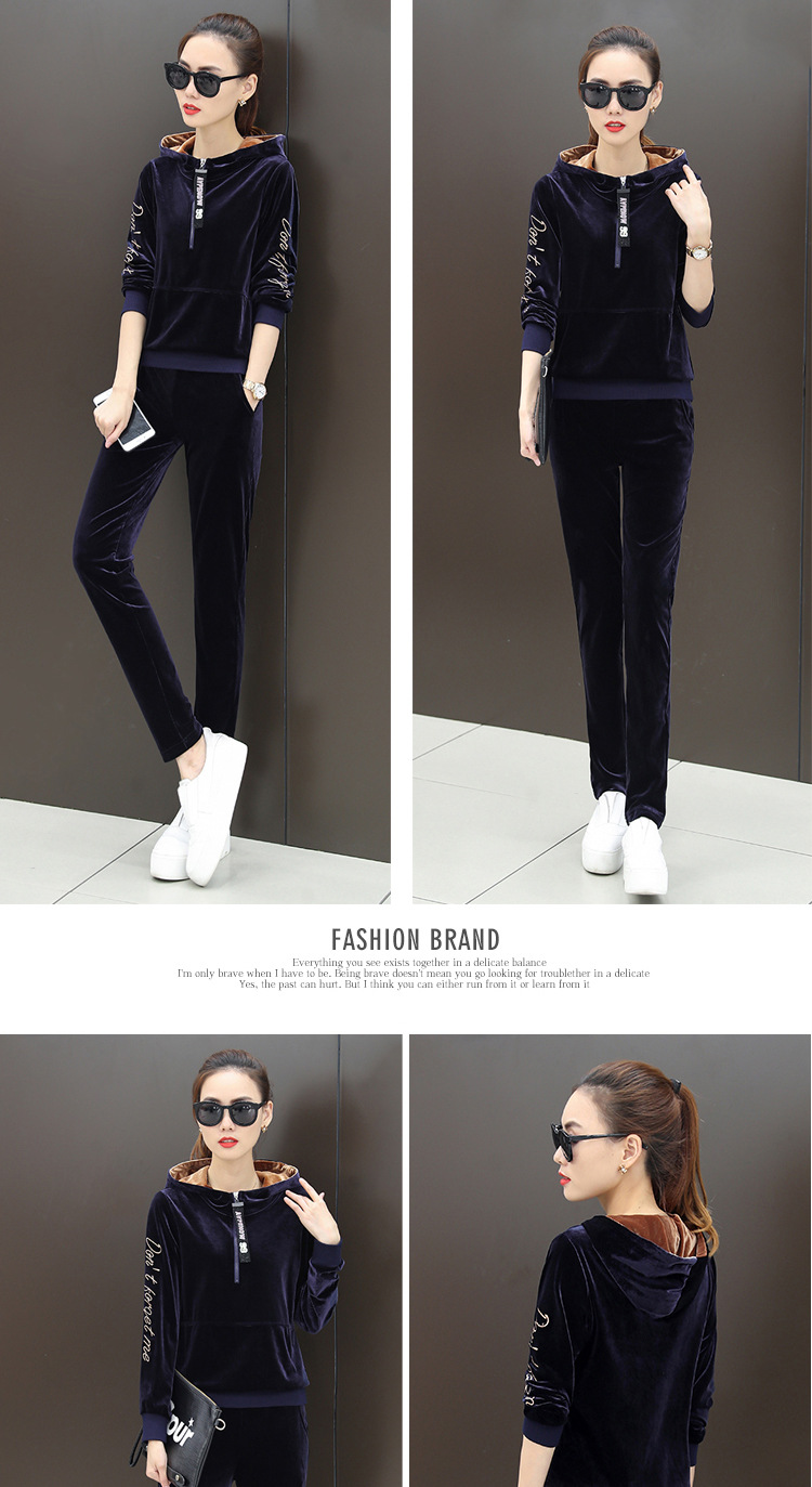 Velvet sportswear for women, 2020 spring and winter, hooded fashion, Korean-style plus-size sweatshirt, casual two-piece set, trendy pic 16