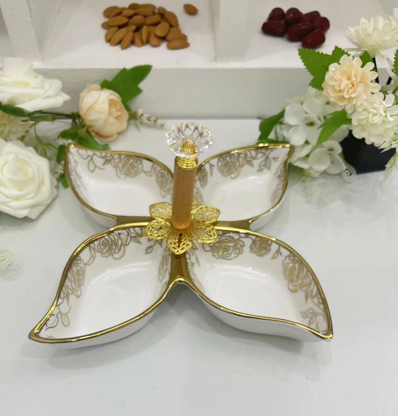 Creative ceramic multi-compartment fruit plate, pastry plate, flower tea, dried fruit snack plate, crystal, 4-compartment tableware, fruit plate, 13-piece golden castle vase pic 19