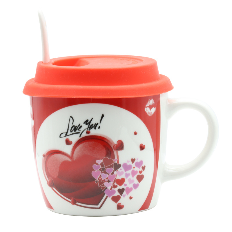 Valentine's Day gift: Ceramic milk cup, creative red heart, personalized and trendy English letter design, large-capacity water cup, silicone lid, handle spoon set. Qixi Festival gift for your girlfriend pic 10