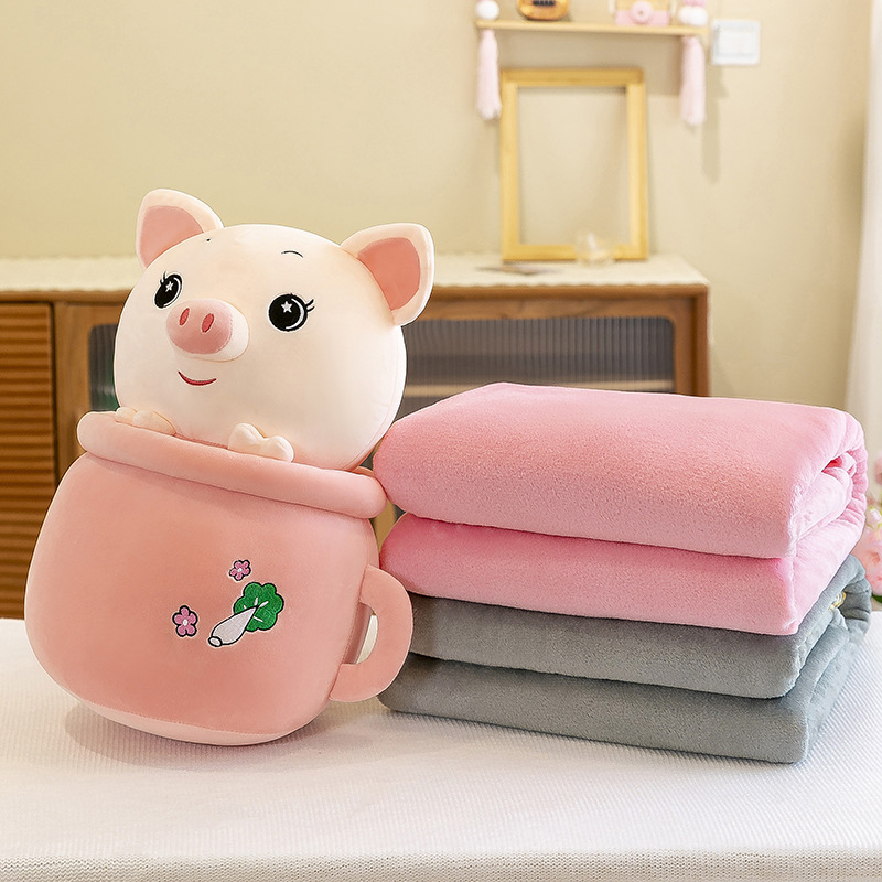 Cartoon rabbit, panda, cute piggy, milk tea cup, dual-purpose throw pillow blanket, two-in-one blanket, office midday rest pillow pic 26
