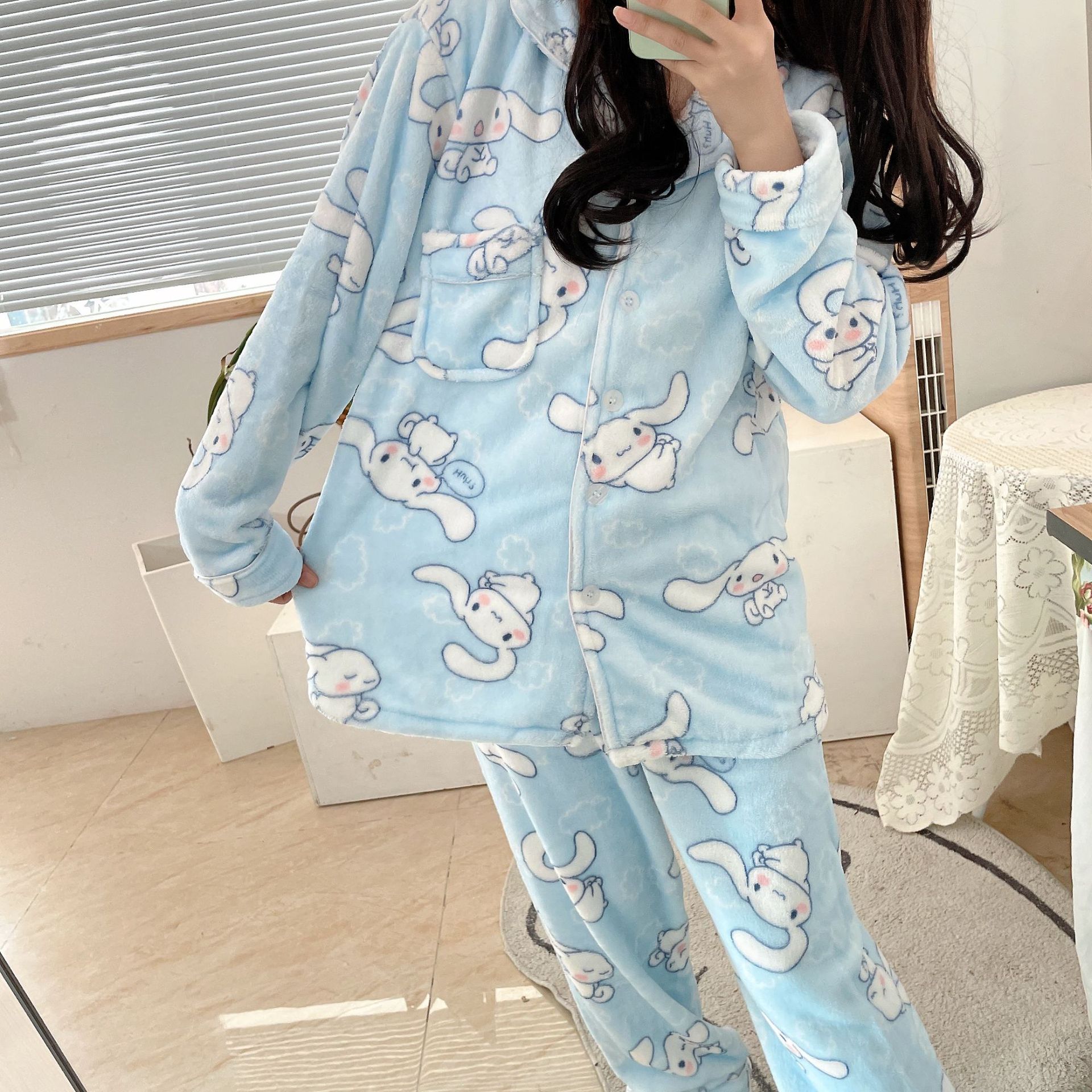 冬季法兰绒女士睡衣翻领开衫长袖长裤少女卡通可爱保暖家居服套装详情41