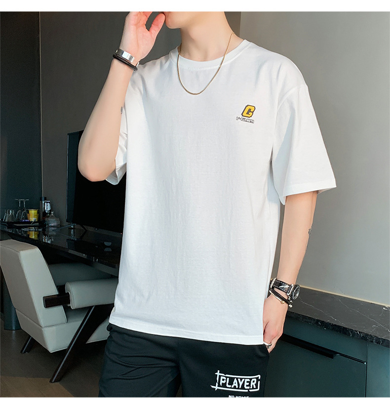 Pure cotton T-shirt for men, summer short-sleeved 2024 new Korean style five-quarter sleeve off-the-shoulder shirt, loose trendy brand short-sleeved large size pic 11