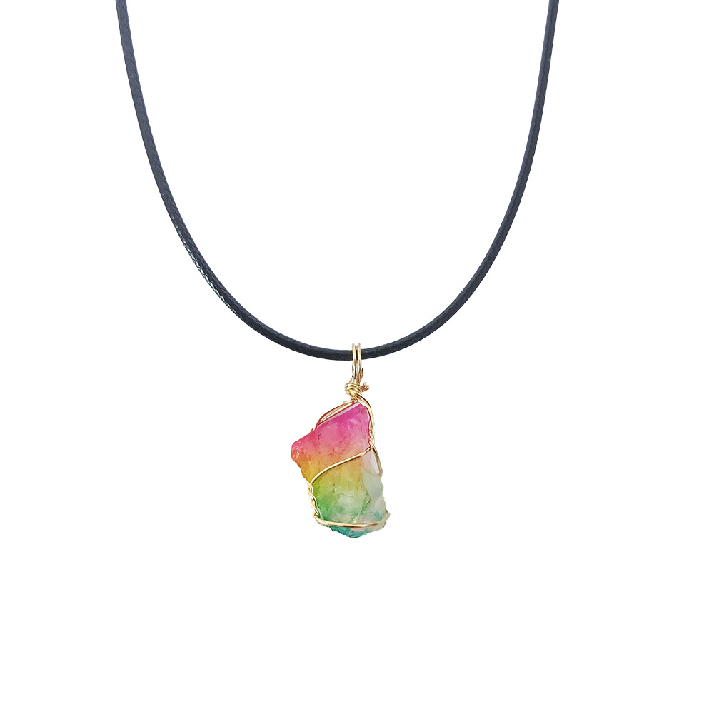 Cross-border winding jewelry: Yellow crystal raw stone winding pendant, pink amethyst fluorite, Dongling jade irregular stone necklace pic 9