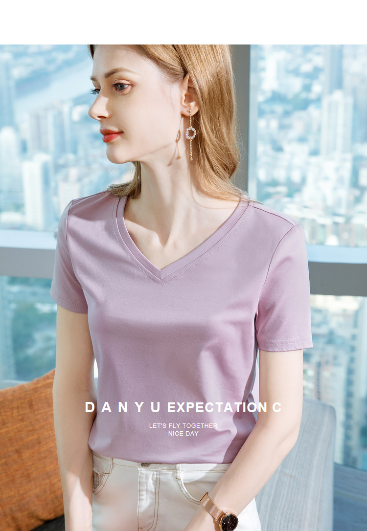 冰感丝光棉短袖t恤女2024新款女装气质v领纯棉体恤纯色高级感上衣详情12