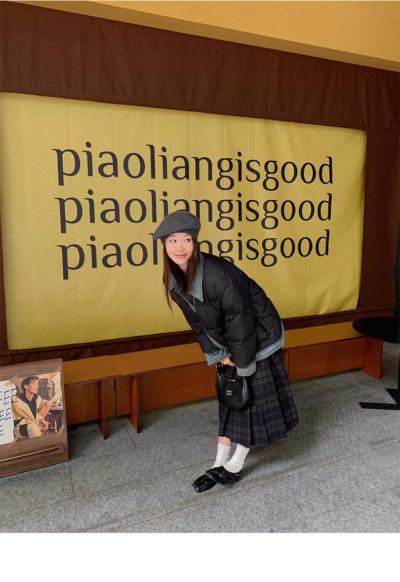 Qumeng DT CLASSIC Retro patchwork fake two-piece denim down jacket for women, 90 white duck down winter coat for women pic 9