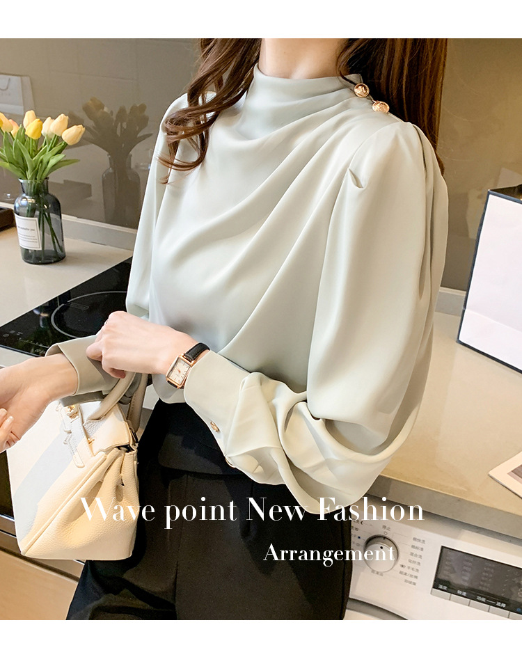 外贸供货2023轻熟气质立领褶皱灯笼袖时尚长袖上衣宽松女士衬衫详情53