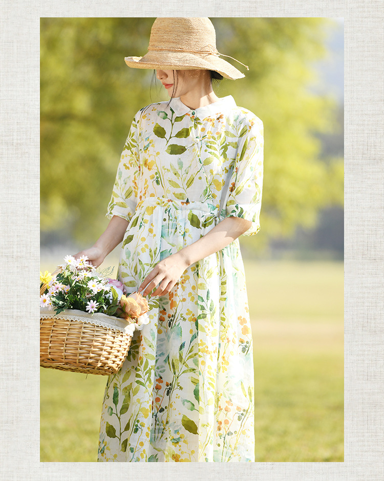新中式棉麻女装2023春夏季新款碎花连衣裙女翻领显瘦女士苎麻长裙详情17