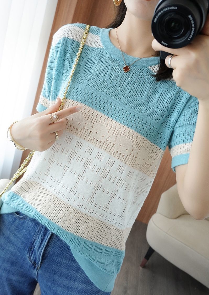 t恤高档夏季女装新款宽松韩版上衣女士针织衫短袖打底衫碎花条纹详情17