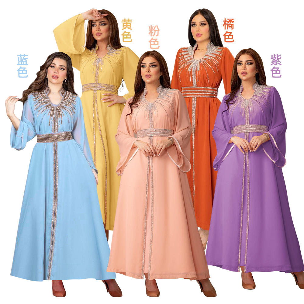 XQY500090 Foreign trade Arab robe, Middle East kaftan fashion Hot diamond belted chiffon dress pic 14