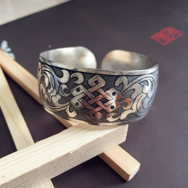 Retro ethnic style silver bracelet, European and American carved wide opening bracelet, fashionable and individual Miao silver aged ancient-style jewelry pic 29