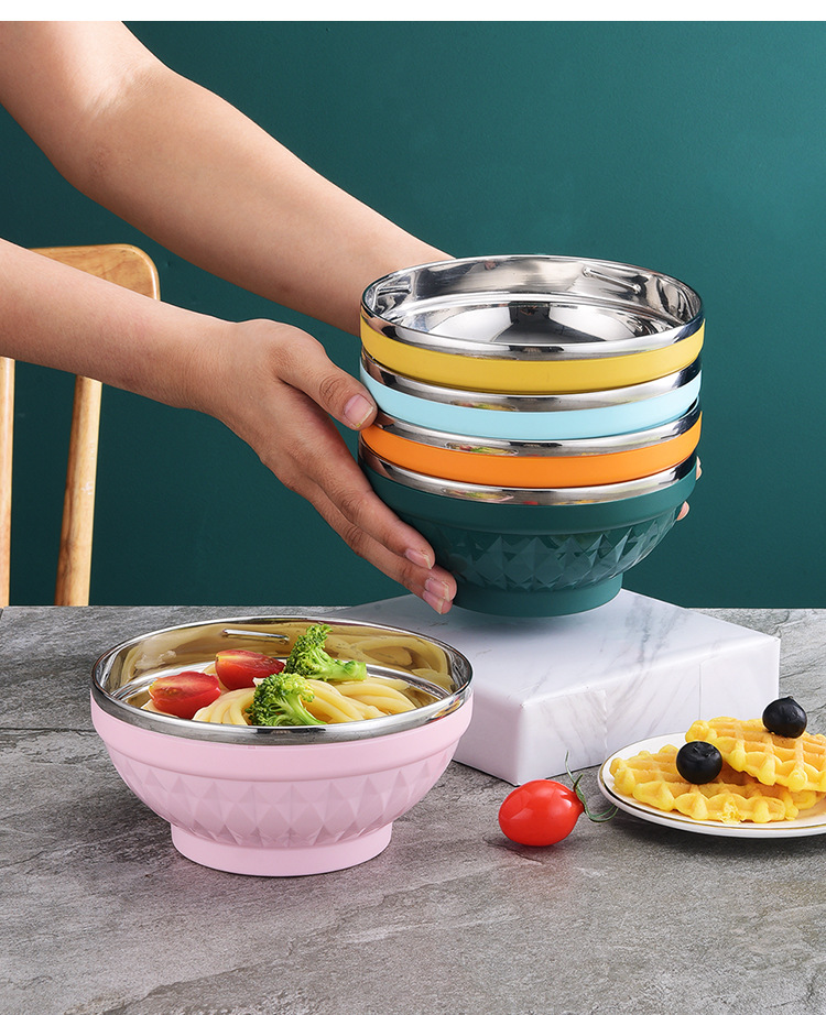 Large-capacity 304 stainless steel bowl, student Nordic colorful bowl, double-layer heat-insulating soup bowl, household cafeteria rice bowl and soup basin pic 22