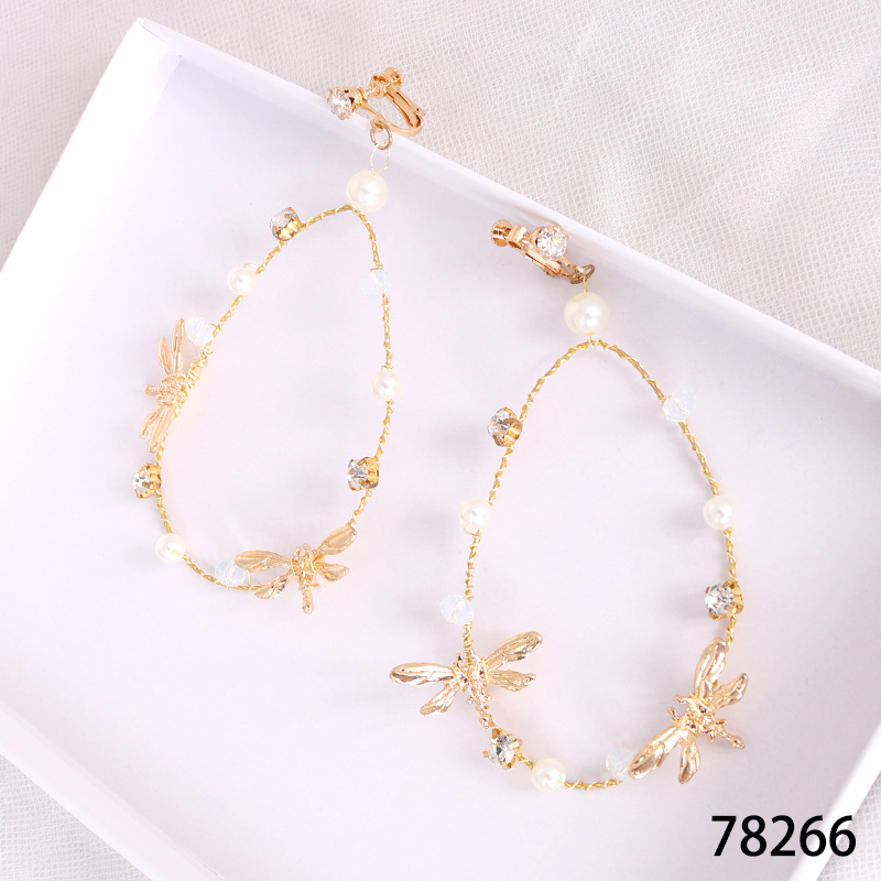 New bride headwear from Japan and South Korea, super fairy earrings, dragonfly oval ear clips, princess wedding accessories, pearl earrings pic 8