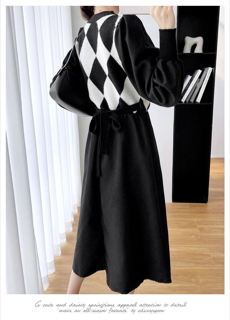 2022秋冬新款法式赫本风别致菱格v领针织拼接中长款收腰a字连衣裙详情18
