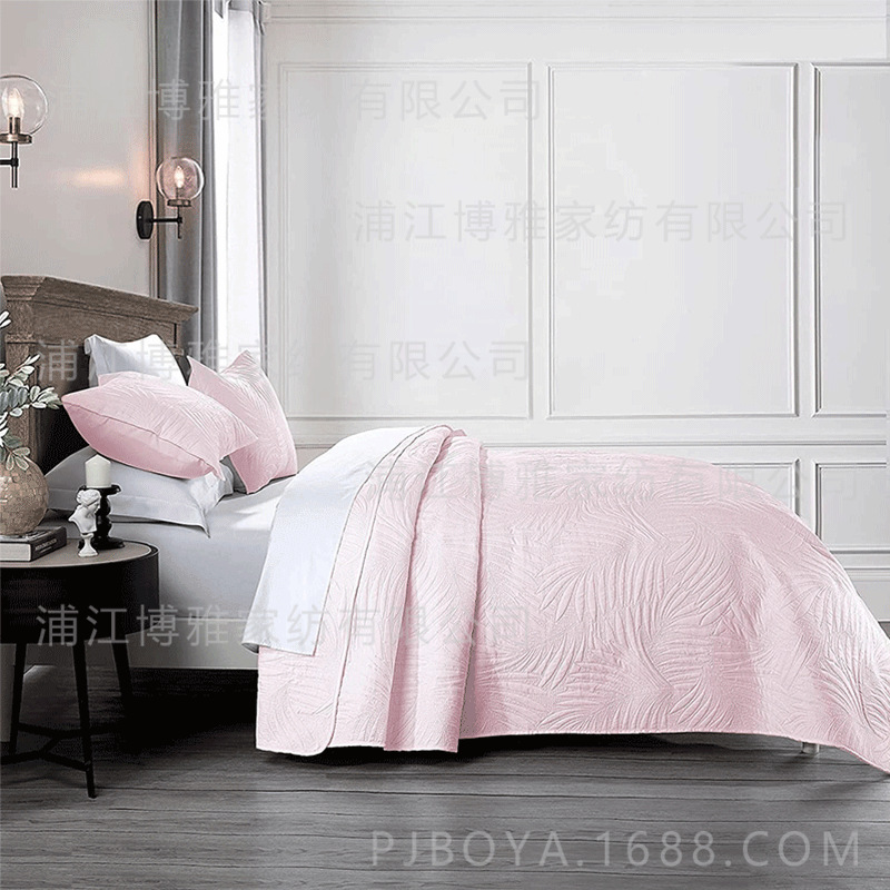 Leaf-shaped hotel universal bed cover jacquard three-piece set, polyester pure white ultrasonic high count and high density bedding pic 12