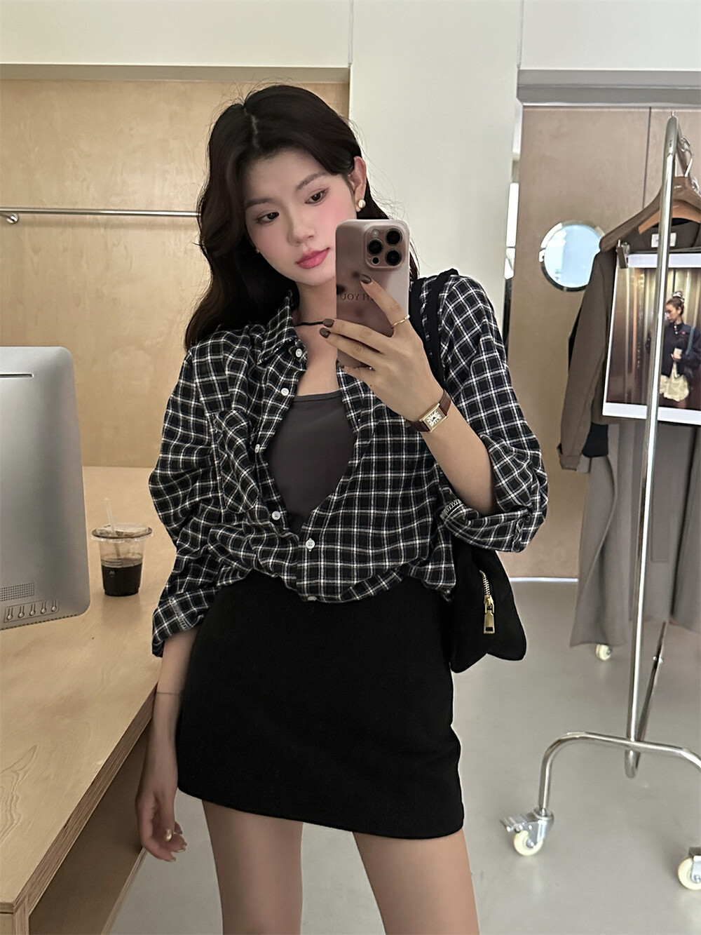 THE LEMON柠檬绿茶设计感宽松显瘦休闲ins假两件格纹衬衫女秋季详情14