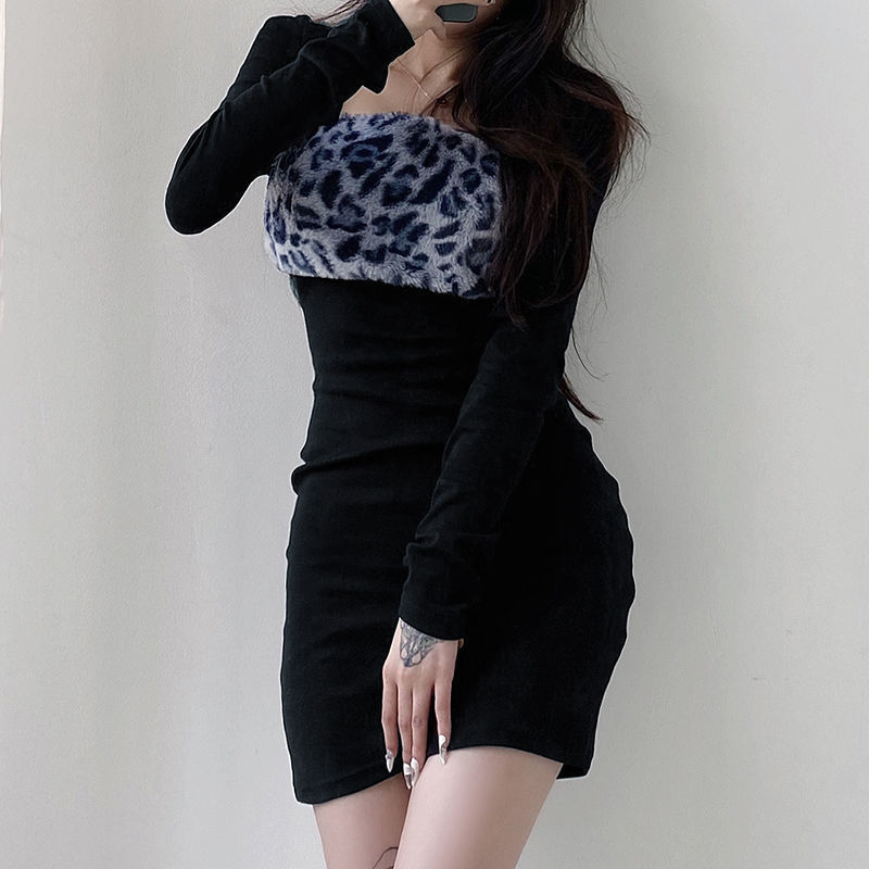 Foreign trade German velvet European and American leopard print sexy patchwork dress for women, thumb button long-sleeved, slimming and body-hugging base dress pic 20