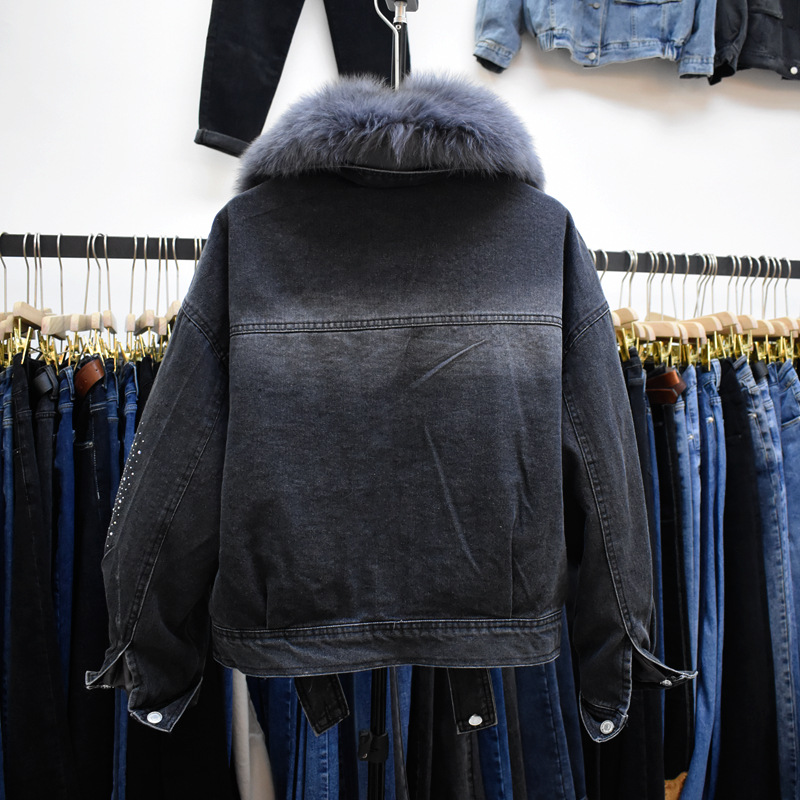 冬季刺绣烫钻超大真狐狸毛毛领90白鸭绒可拆内胆牛仔羽绒服详情22