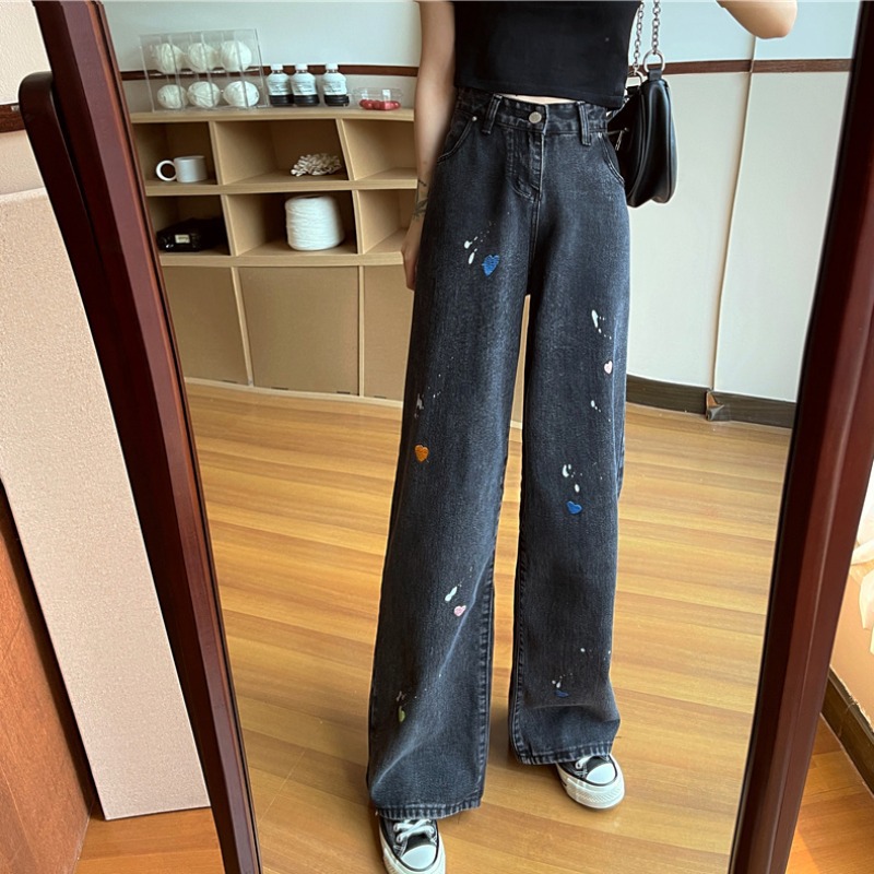 The new Korean style high-waisted straight-leg loose, slimming, wide-leg black floor-length jeans for women in spring and summer are trendy pic 16
