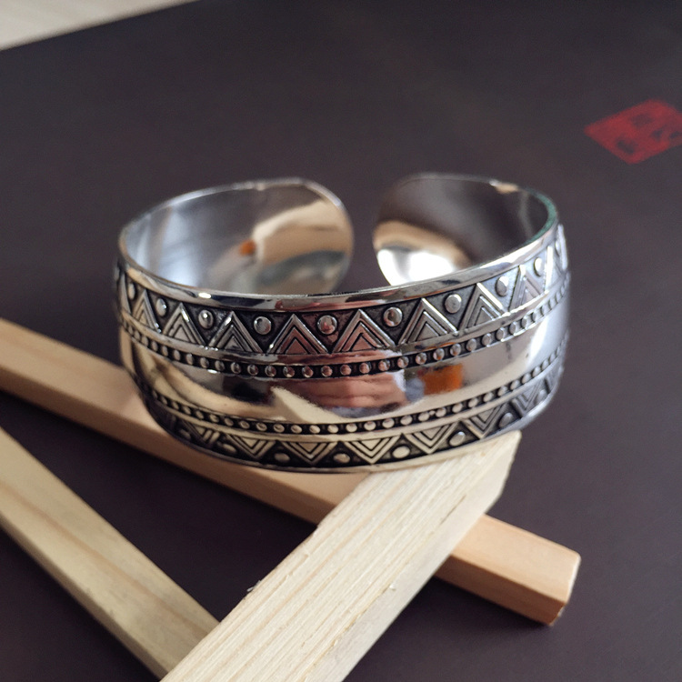 Retro ethnic style silver bracelet, European and American carved wide opening bracelet, fashionable and individual Miao silver aged ancient-style jewelry pic 19