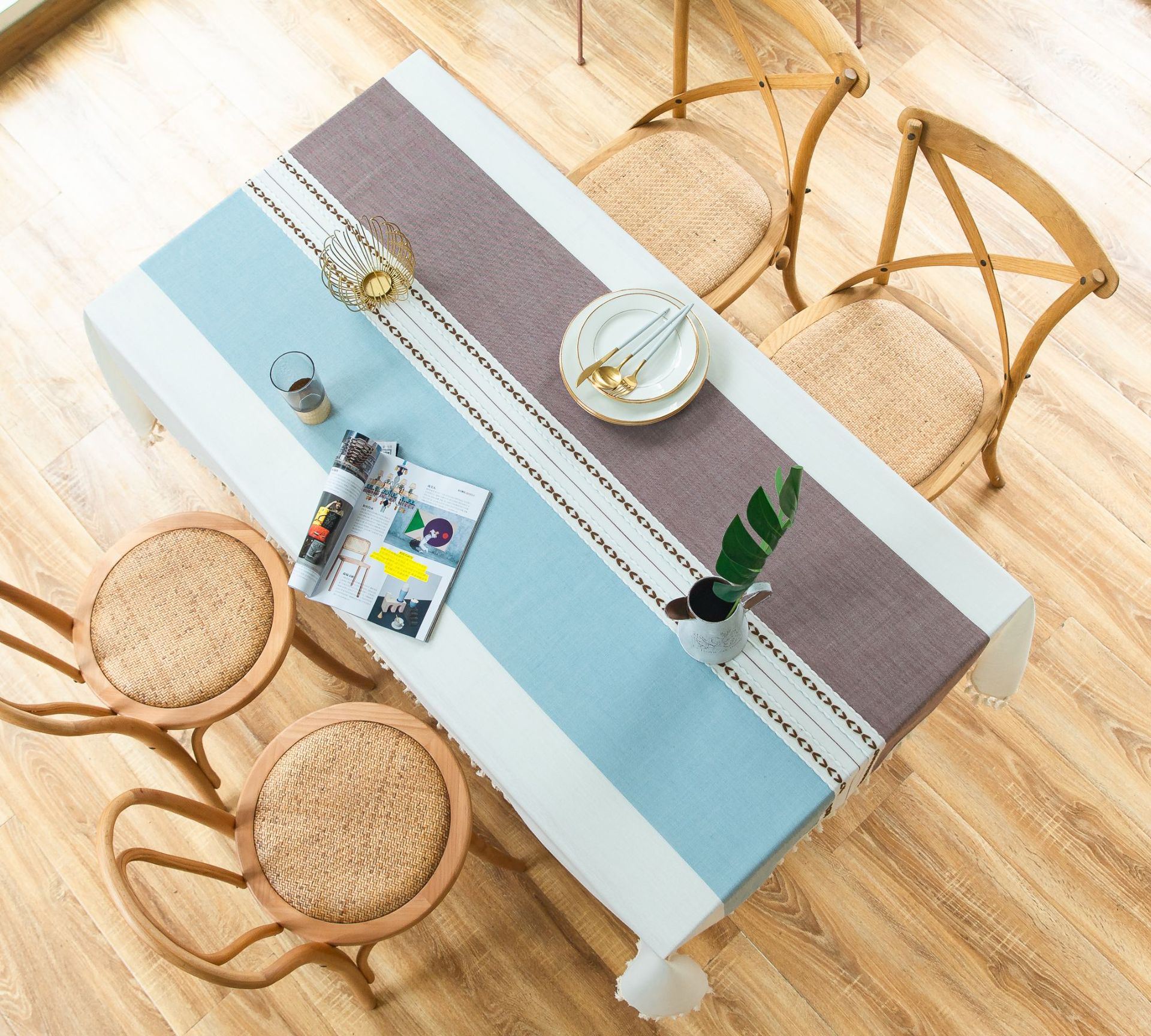 Cross-border Japanese color-blocking and color-blocking embroidered tassel tablecloths, kitchen, dining room, party, family table cover decoration, cotton and linen pic 15