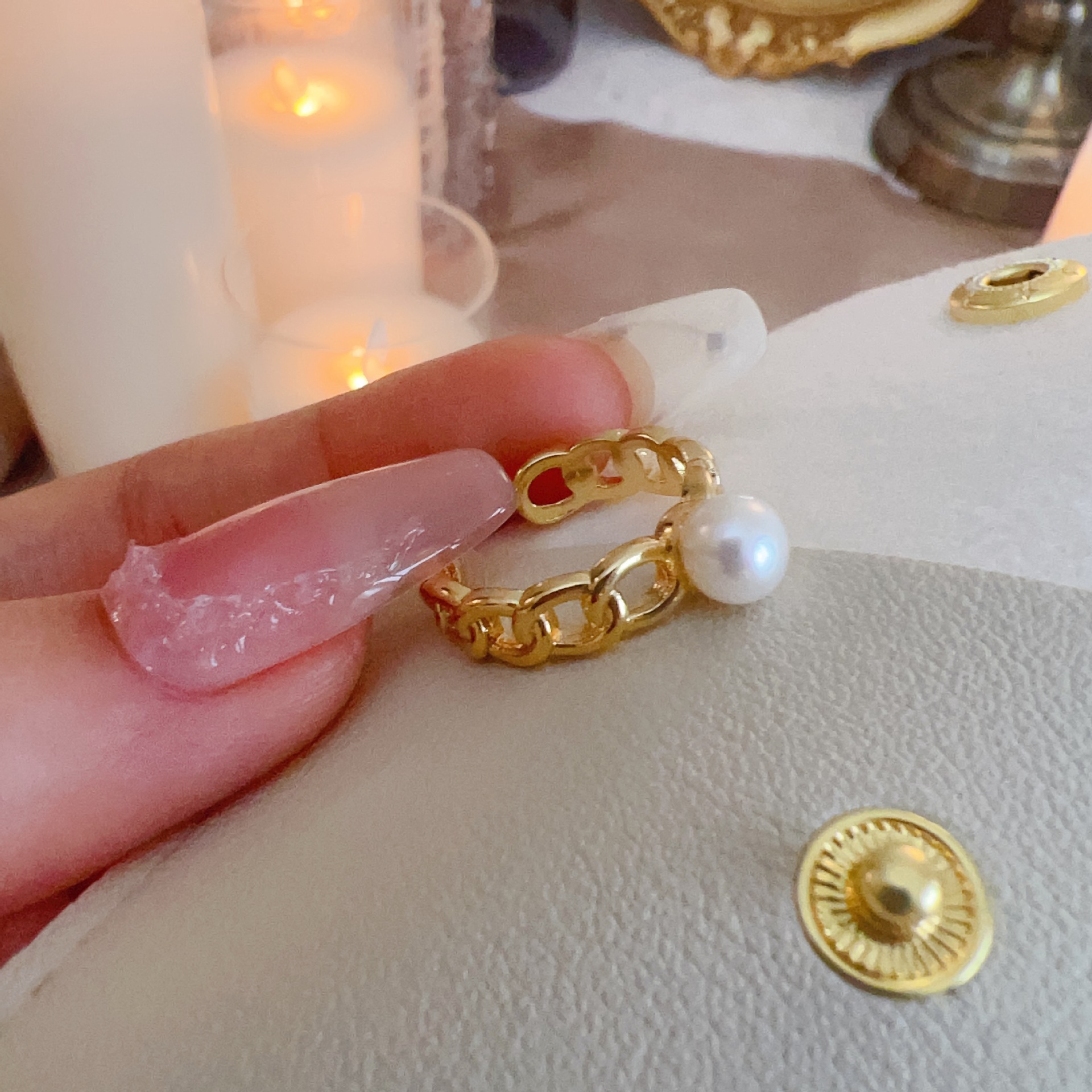 Copper-plated real gold 7mm freshwater pearl ring, hollowed-out European and American style open ring accessory, color retention, DIY handcrafted pic 11